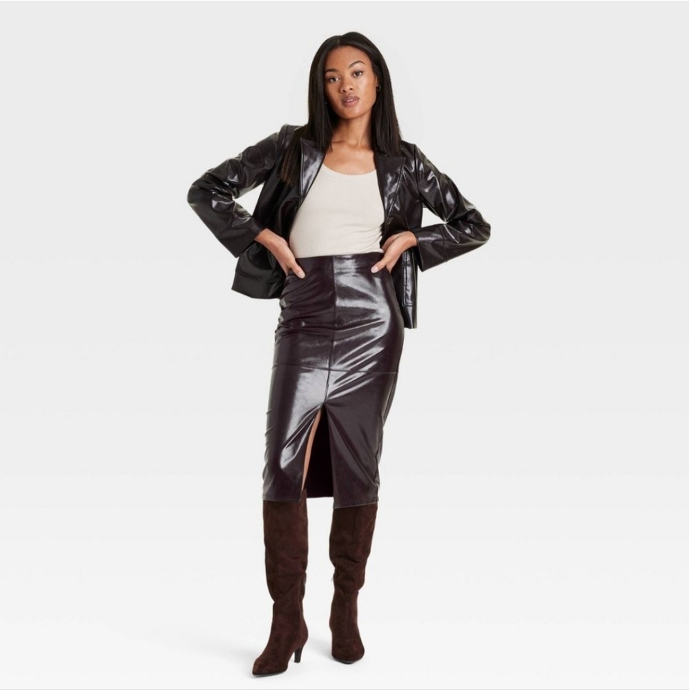 NWT A New Day Shiny Brown Faux Leather Skirt Size 2